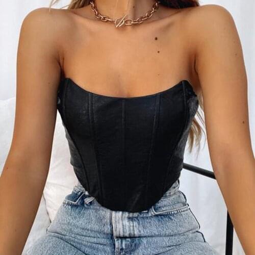 Sexy Backless Zipper Off Shoulder Tube Crop Top Pu Leather Bustier Corset Strapless Camis Slim Fit Bodycon Vest Push Up Clubwear