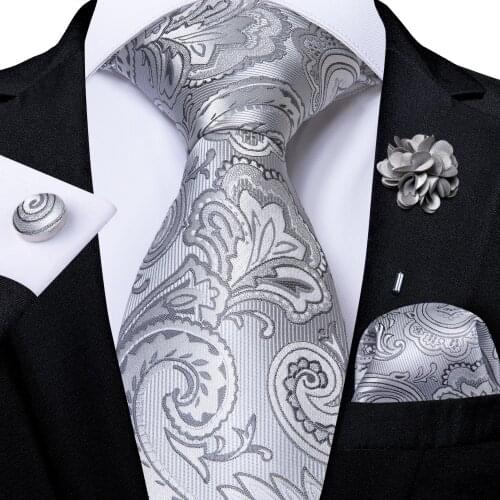 Gray Paisley Ties For Men 8cm Width Mens Ties Handkerchief Cufflinks Brooch Pin Wedding Men Accessories Neck Tie Gravata Gift