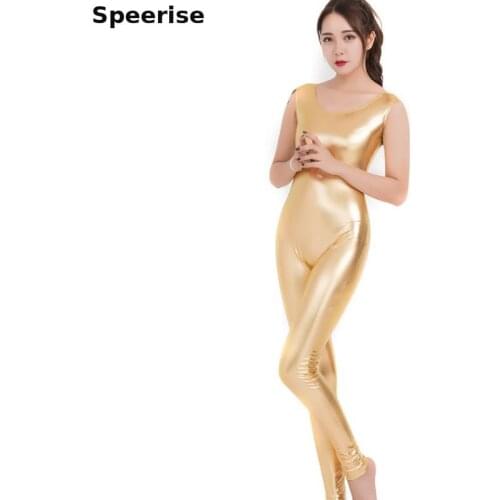 Speerise Adult Metallic Unitard Shiny Spandex Womens Sleeveless Bodysuit Costume Gold Gymnastics Catsuit For Dance Unisex Lycra