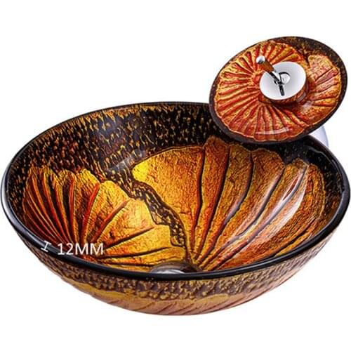 Nordic art above counter Washbasin bathroom set tempered glass washbasin bathroom washbasin with brass waterfall faucet