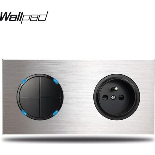 Wallpad Grey 4 Gang 1 Way 2 Way Light Switch with French Wall Electric Outlet Socket Silver Brushed Aluminum Panel Dual Plate