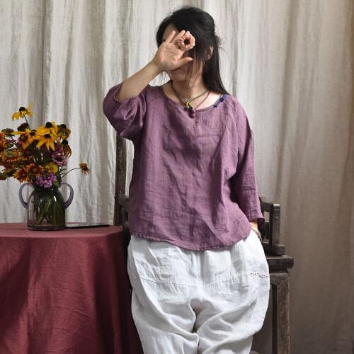 Women Shirt Cotton Linen O Neck Button Three Quarter Sleeve Thin 2020 Summer Thin Vintage Women Tops