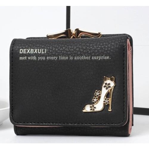 Women Wallets Short Cartoon High Heel Three Fold Hasp Coin Purses Female Pu Leather Sequins Solid Color Card Holder Clutch Bag