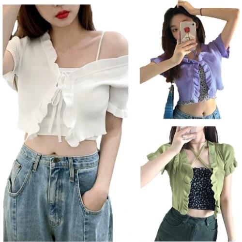 Summer Ladies Ruffles Slim Short Sleeves Cardigan Coat Solid Soft Skin-friendly Tops Knitted Cardigan Streetwear Womens t-shirt