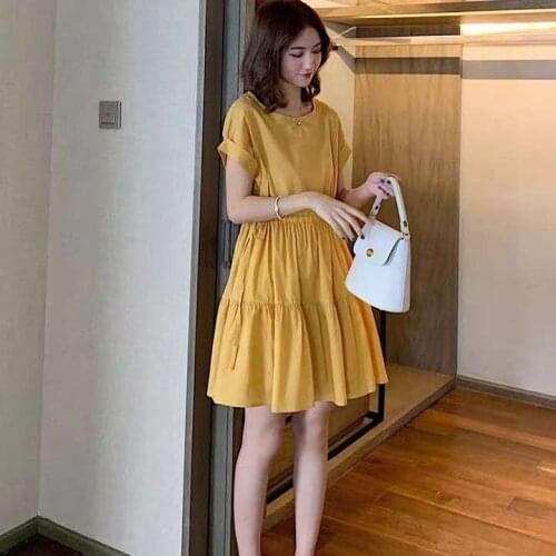 2021 New Summer Lady Beachwear O-Necek Short Sleeve Drawstring A-line Dress Women Solid Color Loose Plus Size 4xl Dresses B218
