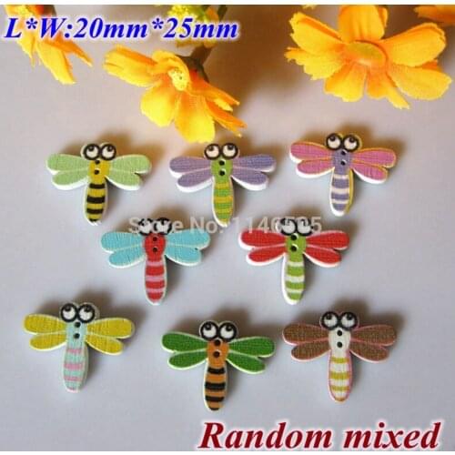 50pcs/lot New Multicolor Dragonfly Shape Wood Buttons 2 Holes Painted Cartoon Buttons For Scrapbooking 20*25mm Cartoon Buttons