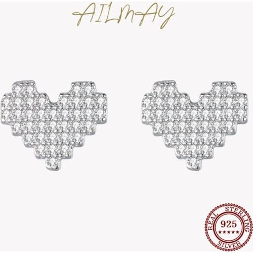Ailmay High Quality Fashion 925 Sterling Silver Sparkling Clear Zircon Heart Earrings For Women Statement Jewelry Gift