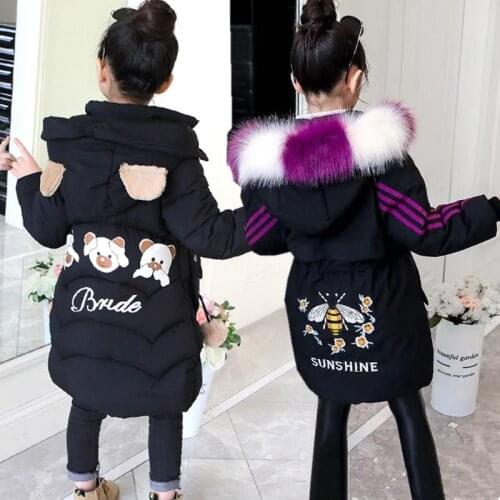 Childrens jacket for girls winter long coat embroidery Overcoat fur collar warm down jacket cotton clothes girl hooded jacket