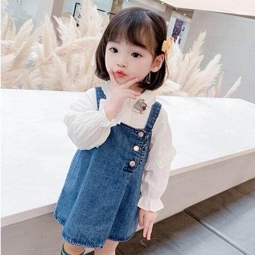 DFXD Girls Clothing Sets Toddler Clothes Autumn New Fashion White Long Sleeve Wood Ear Blouse+Denim Strap Dress Kids Clothes Set