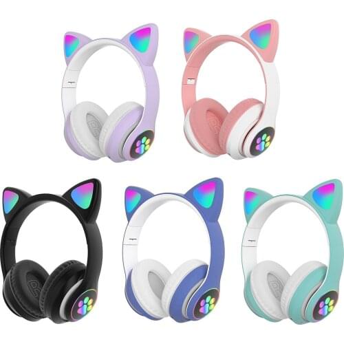Docooler STN-28 Over Ear Music Headset Glowing Cat Ear Headphones Foldable Wireless BT5.0 Earphone with Mic AUX IN TF Card MP3