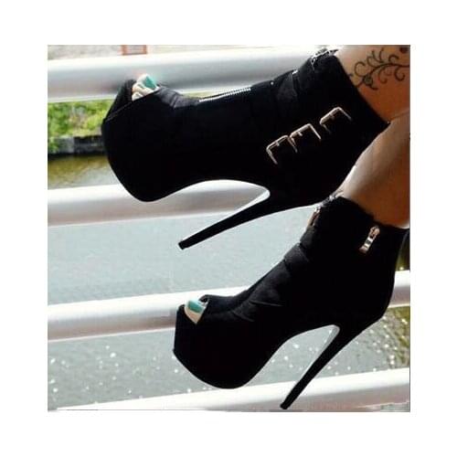 Elegant fashion free postage black suede, decorative buckle, 4.5 cm waterproof, zippers, 16 cm high-heeled boots. Size: 35-43