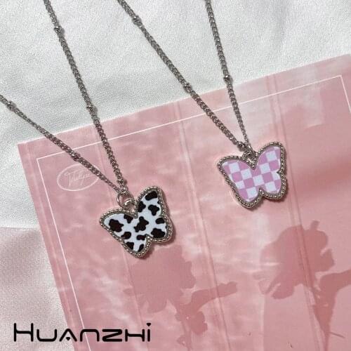 HUANZHI 2021 New Sweet Korean Black White Grid Choker Cow Pattern Butterfly Metal Necklace For Women Girls Vacation Jewelry