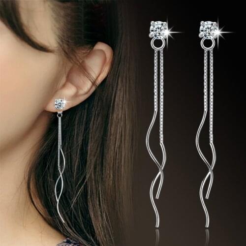 Exquisite Simple 925 Sterling Silver Four Claws Zircon Tassel Ripple Ear Line Drop Long Earrings For Women Jewelry brincos gift