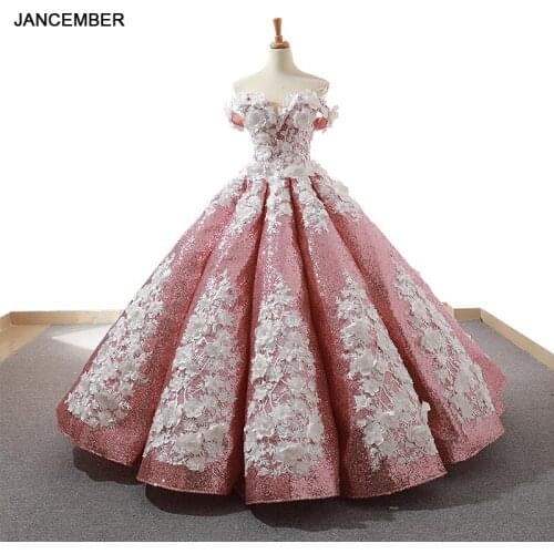 J66662 jancember pink quinceanera dresses 2019 swollen off the lace shoulder white flowers ball gown dress shiny бальное платье