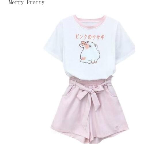 Womens Sets Cartoon Rabbit Print Cotton T Shirts And Lace Up Pockets Short Pants 2020 Spring Sweet Style Girl Two Piece Sets