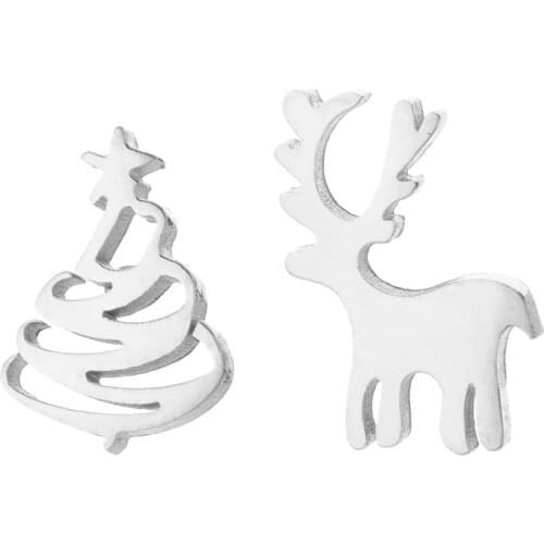Mini Stainless Steel New Fashion Deer Christmas Tree Earrings Small Christmas Stud Earings New Year Gift for Women Girls Kids