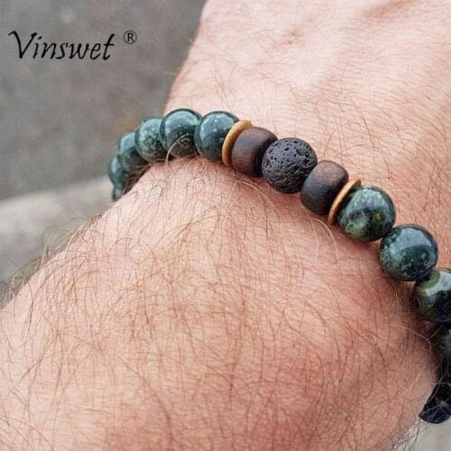 Men Bracelet Natural Stone Beads Bracelet Mens Lava Stone Diffuser Bracelet for Women Wood Bead Accessories Jewelry Homme
