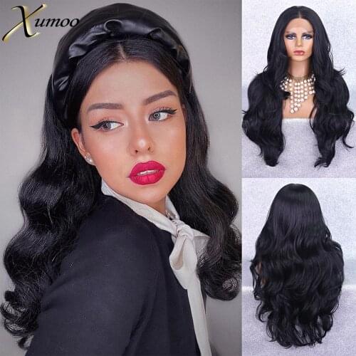 Xumoo Natural Black Synthetic Wigs Unprocessed Body Wave Lace Front Wigs With Baby Hair For Daily Cosplay Black Women
