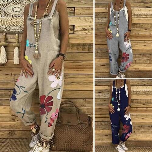 Casual Women Sleeveless Floral Print Pockets Long Pants Loose Overall Jumpsuit Romper Backless Jumpsuit Dungarees Romper Overall