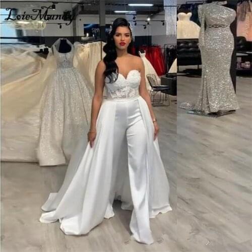 Chic Jumpsuits Plus Size Wedding Dresses 2021 Pant Suits Removable Skirt Long Formal Party Gown Applique Lace abiye Bridal Gown