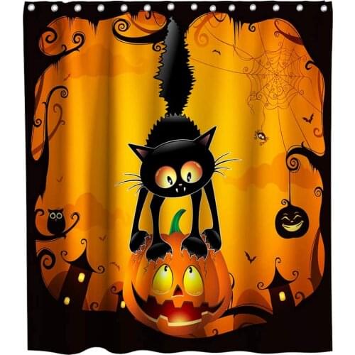 Halloween Fabric Shower Curtain for Bathroom Scary Black Cat Catching Pumpkin Printed Christmas Kitchen Decor Waterproof