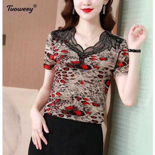 Vintage lace sexy leopard Blouse Women slim Blusas Mujer De Moda 2021 Summer Korean Style 4XL Plus Size Tunic Tops tShirts
