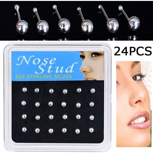 WALERV 24Pieces 3mm Ball Shape Nose Studs Silver Color Nose Nail Rings For Women Nose Piercing Jewelry Earrings Boxed Gift