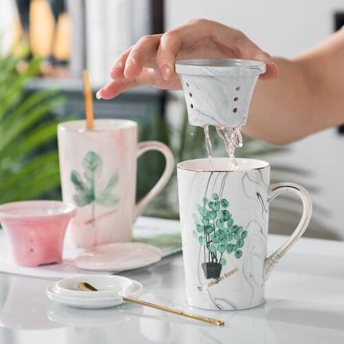 Japanese Creative Marbling Coffee Mug Ceramic Filter Teacup with Lid and Spoon Household Couple Water Cup Office Drinkware