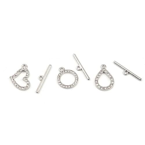 5 Sets Zinc Based Alloy Clear Rhinestone Toggle Clasps Drop Heart Round Silver Color For DIY Bracelet Jewelry Making Accessories