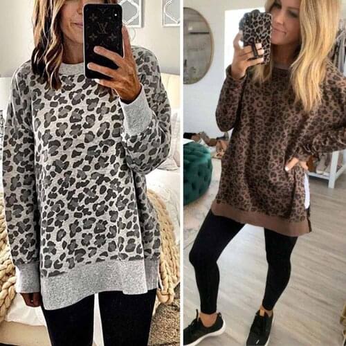 Women Loose Sweatshirts Autumn Long Sleeve Crew Collar Asymmetrical Pullover Hoodies Casual Leopard Printed Hoodied Tops Jumper