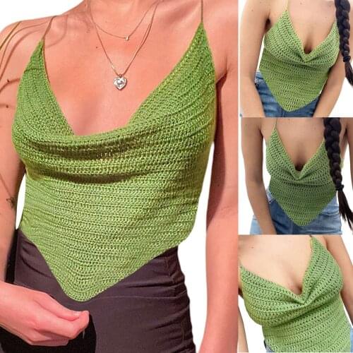 Womens Halter Crop Cami Tops, Sleeveless Cowl Neck Self-Tie Backless Crochet Camisole