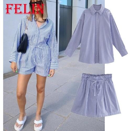 Za 2021 Women Vintage Striped Print Sets 2 Pieces Oversized Long Casual Women Shirts and High Waist Wide Leg Sashes Shorts Suits