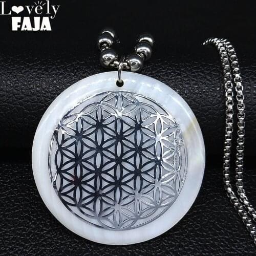 Flower of Life Shell Stainless Steel Statement Necklace Women Silver Color Long Statement Necklace Jewelry gargantilla N20072