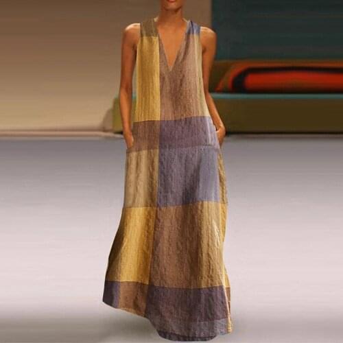 2021 Fashion New Women Summer Long Dresses Bohemian V-Neck Sleeveless A-Line Sundress Casual Office Ladies Loose Maxi Dress