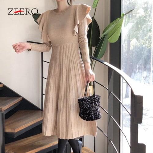 Autumn Winter Female Fashion Knit O-neck High Elasticity Base Warm Dress Women Ruffles Stitching Long Sleeve High Waist Dresses