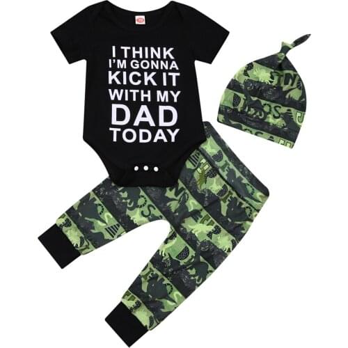 0-24M Boys Camouflage 3Pcs Romper Set Short Sleeve Letter Printed Triangle Bodysuit with Long Pants and Hat