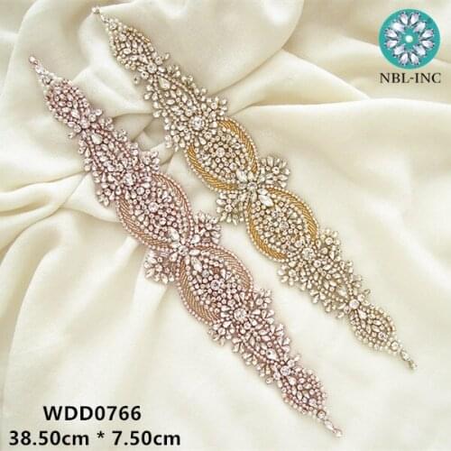 30PCS ) Rose gold bridal rhinestone applique sash iron on bridal beaded crystal applique for wedding dresses garment WDD0766