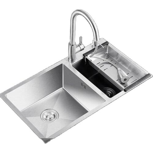 304 Stainless Steel Brushed Kitchen Sink Double Bowl Household Manual Sink Thickened Large Hand Sink Water Tank Stainless Sinks