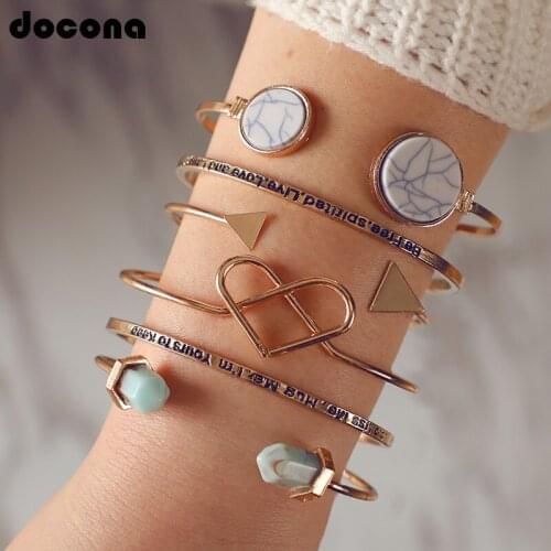 Docona 6pcs/set New Punk Large Heart Stone Gem Crystal Open Carved Triangle Multilayer Cuff Bracelet Bangle Set Women Party Gift