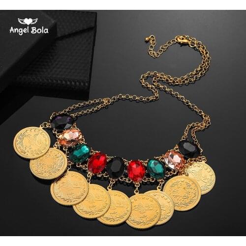 Dubai Coin Colorful Crystal Allah Necklaces for Women Arab Coin Luxury Wedding Gift Islam Middle East Muslim Necklace Jewelry