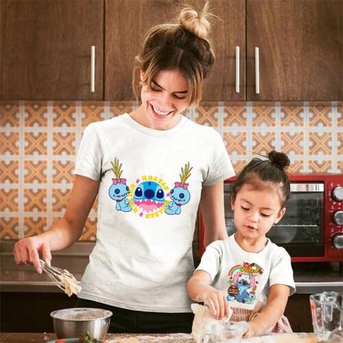 Disney Lilo Stitch Cartoon T-shirts Tops for Women Baby Family Matching Outfits Summer Female White O-neck Ohana Stitch Hot Tees