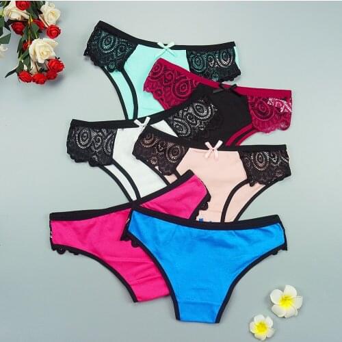 Sexy Lingerie for Women Underwear Pack of Panties Black Transparent Lace Splicing with Bow Cotten Panties 6 Pcs Lot Patchwork