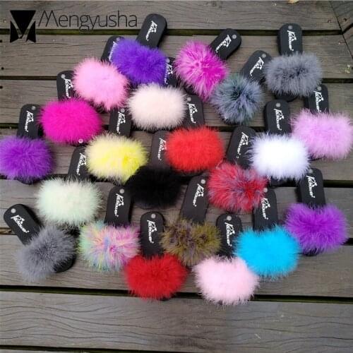 Candy Color Furry Slides Women Ostrich Fur Slippers Zapatillas Playa Summer Ladies Flip Flops Platform Sandals Wedges Bow Sliper