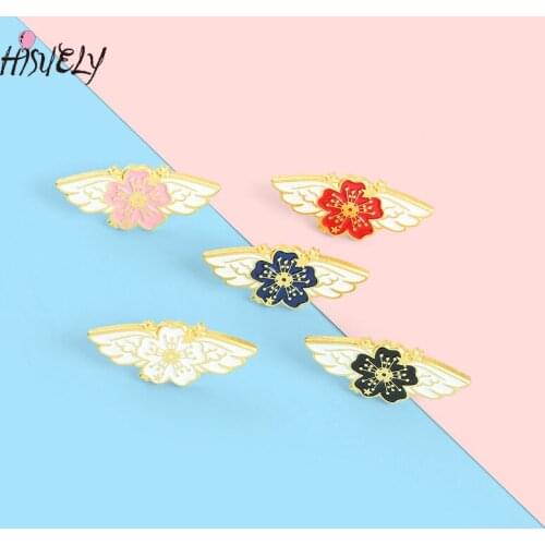 Fashion Cherry Blossom With Wings Enamel Pins Custom Angel Plants Brooch Lapel Badge Bag Cartoon Jewelry Gift for Kids Friends