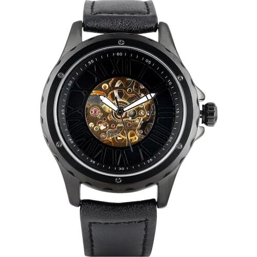 Mens Watch Automatic-self-winding Mechanical Wristwatch Hollow Out Arabic Numerals Dial Leather Strap