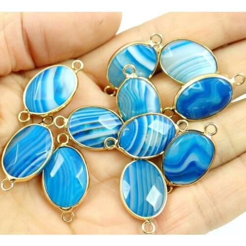 Natural stone blue stripes Quartz Crystal Faceted Bracelet Gold Connector pendant for diy jewelry making Necklaces12pcs