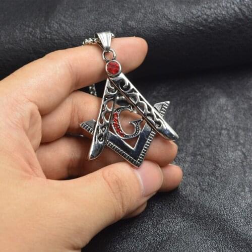 Red Stone Square Freemason Silver color Necklace 316L Stainless steel Free Mason Masonic Necklaces & Pendants women men jewelry