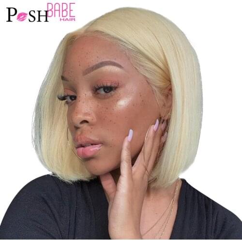 POSH BABE 613 Honey Blonde Short Bob Wig Peruvian Straight Remy Lace Front Human Hair Wig 6 - 18 inch 13x4 Ombre Colored Bob Wig