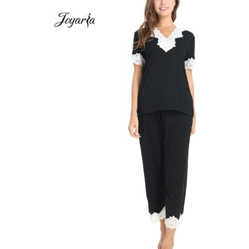 Joyaria Pajama Set Women V-Neck Short Sleeves Tops with Pants Sleepwear Set Sexy Lace Pyjamas Femmes Pijamas Women Night Wear