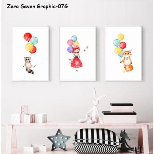 Canvas Print Poster Watercolor Cartoon Hand Drawn Little Raccoon Bicycle Holding A Balloon Wall Art Pictures For Kid Home Decor